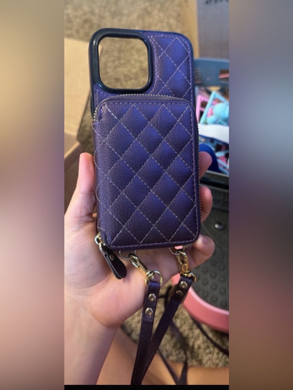 Quilted Purple Leather Crossbody Phone Case with Card Pocket and strap NOWT